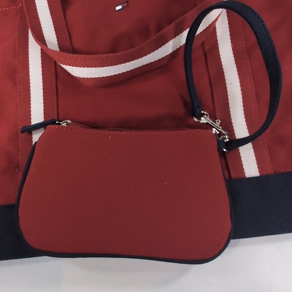Tommy Hilfiger Tote Bag Matching Pouch Set Red Navy Blue Stripe Straps Large - Picture 10 of 13